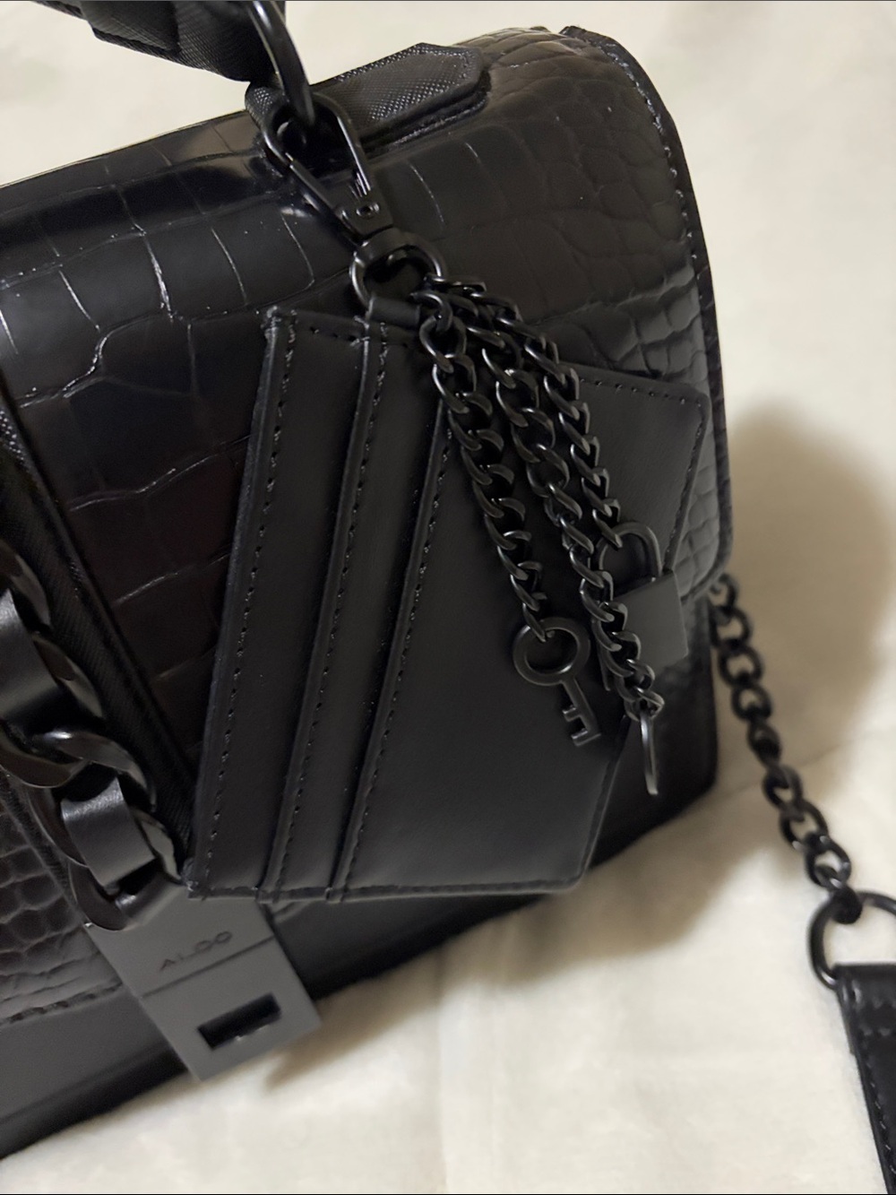 ALDO Black Croc-Embossed Top Handle Satchel with Chain Strap - Picture 10 of 11